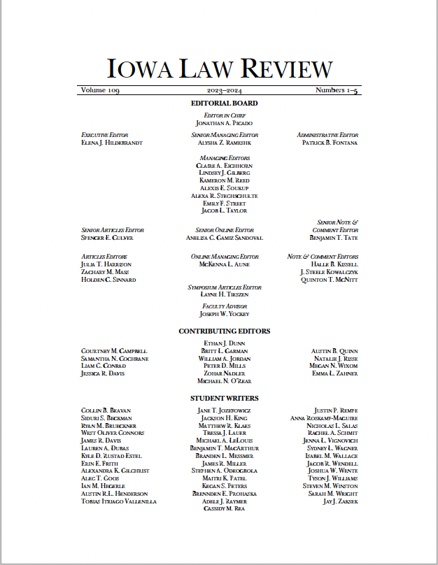 Vol. 109 Iowa Law Review Masthead